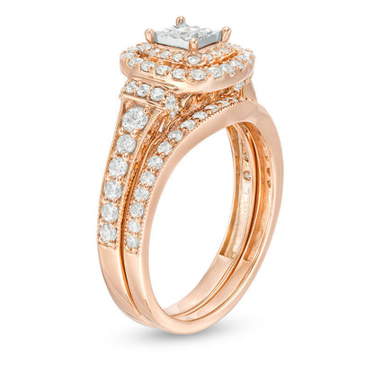 Braut-Set mit Doppelrahmen im Vintage-Stil, 1 ct. Gesamtgewicht Diamanten im Princess-Schliff, aus 14K Roségold