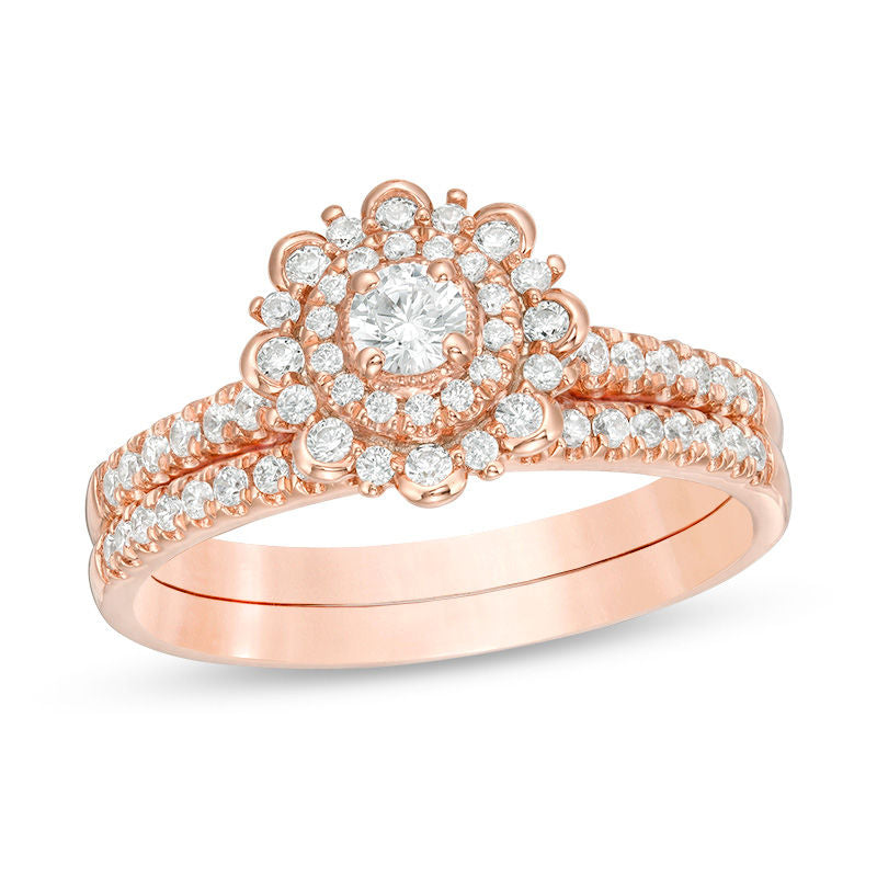 0,5 ct. Diamant Braut-Set mit Blumen-Halo in 14K Roségold