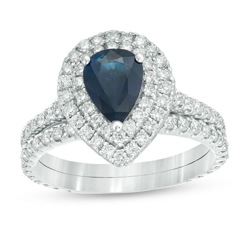 Verlobungsring-Set mit tropfenförmigem blauem Saphir und 1 ct. Gesamtgewicht Diamanten in Doppel-Halo-Fassung aus 14K Weißgold