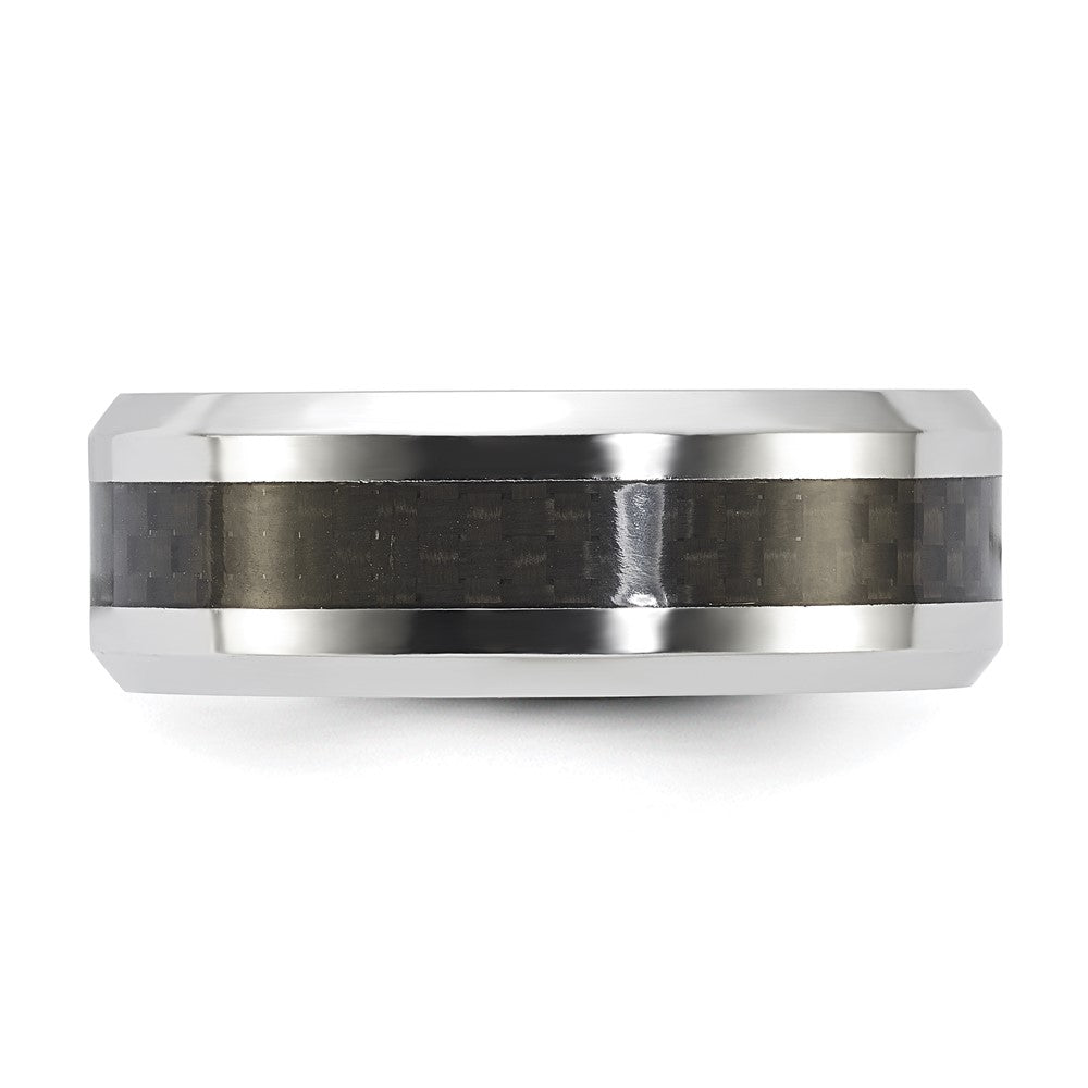Vitalium Schwarz Poliert Karbon Faser Einlage Abgeschrägt Kante 8mm Ring (size 10 Nur)
