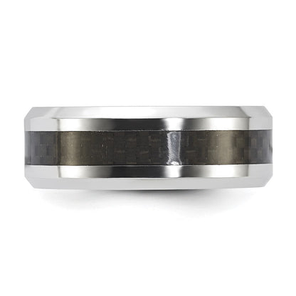 Vitalium Schwarz Poliert Karbon Faser Einlage Abgeschrägt Kante 8mm Ring (size 10 Nur)