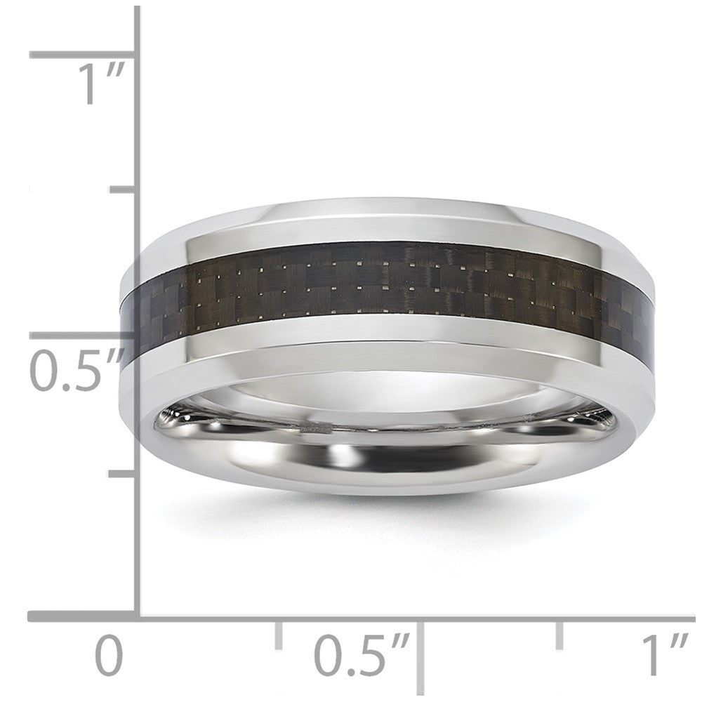 Vitalium Schwarz Poliert Karbon Faser Einlage Abgeschrägt Kante 8mm Ring (size 10 Nur)