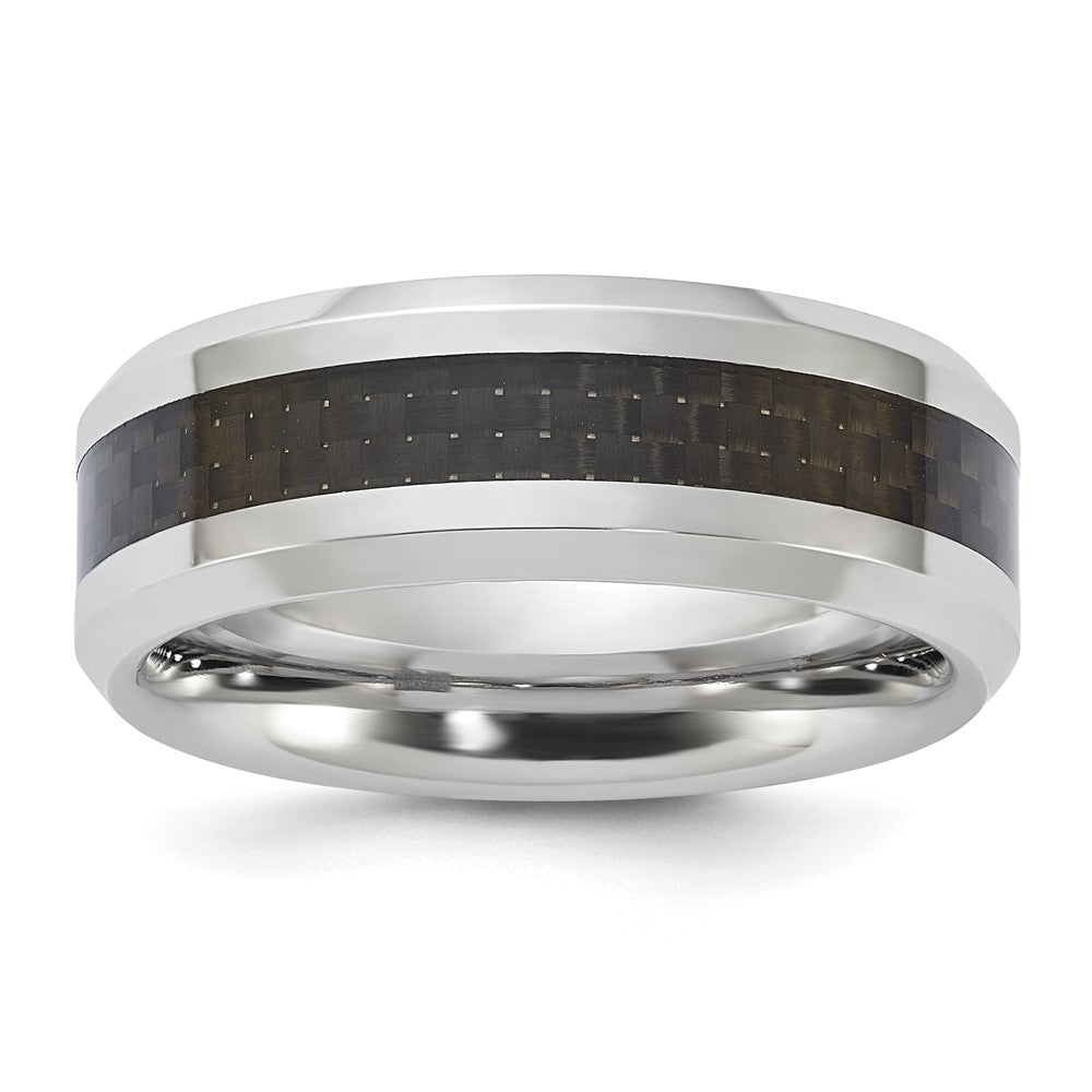 Vitalium Schwarz Poliert Karbon Faser Einlage Abgeschrägt Kante 8mm Ring (size 10 Nur)