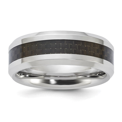Vitalium Schwarz Poliert Karbon Faser Einlage Abgeschrägt Kante 8mm Ring (size 10 Nur)