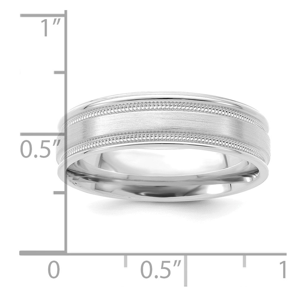 14K Weißgold 6 mm schwergewichtiger Ehering mit Komfortpassform, gebürsteter Satin-/Hochglanzoberfläche, Milgrain-Kante und gerillter Kante