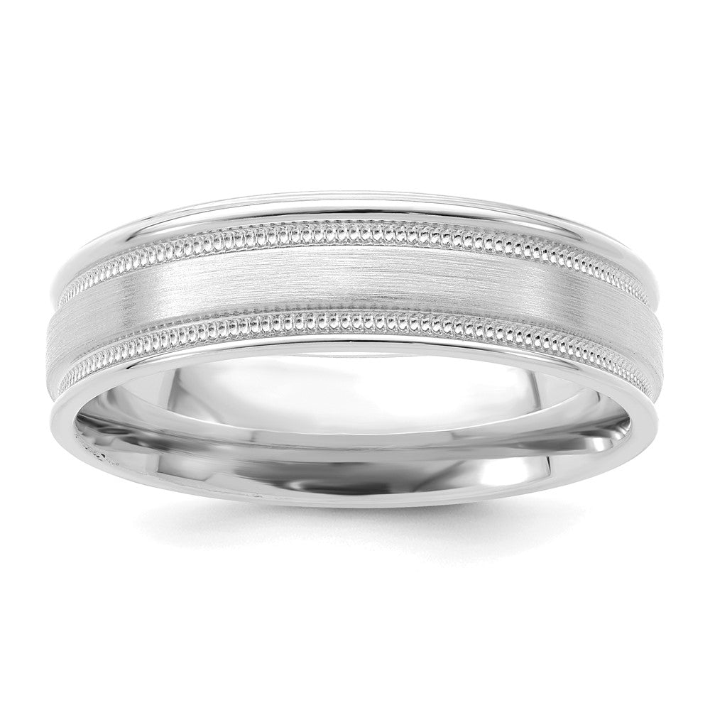 14K Weißgold 6 mm schwergewichtiger Ehering mit Komfortpassform, gebürsteter Satin-/Hochglanzoberfläche, Milgrain-Kante und gerillter Kante