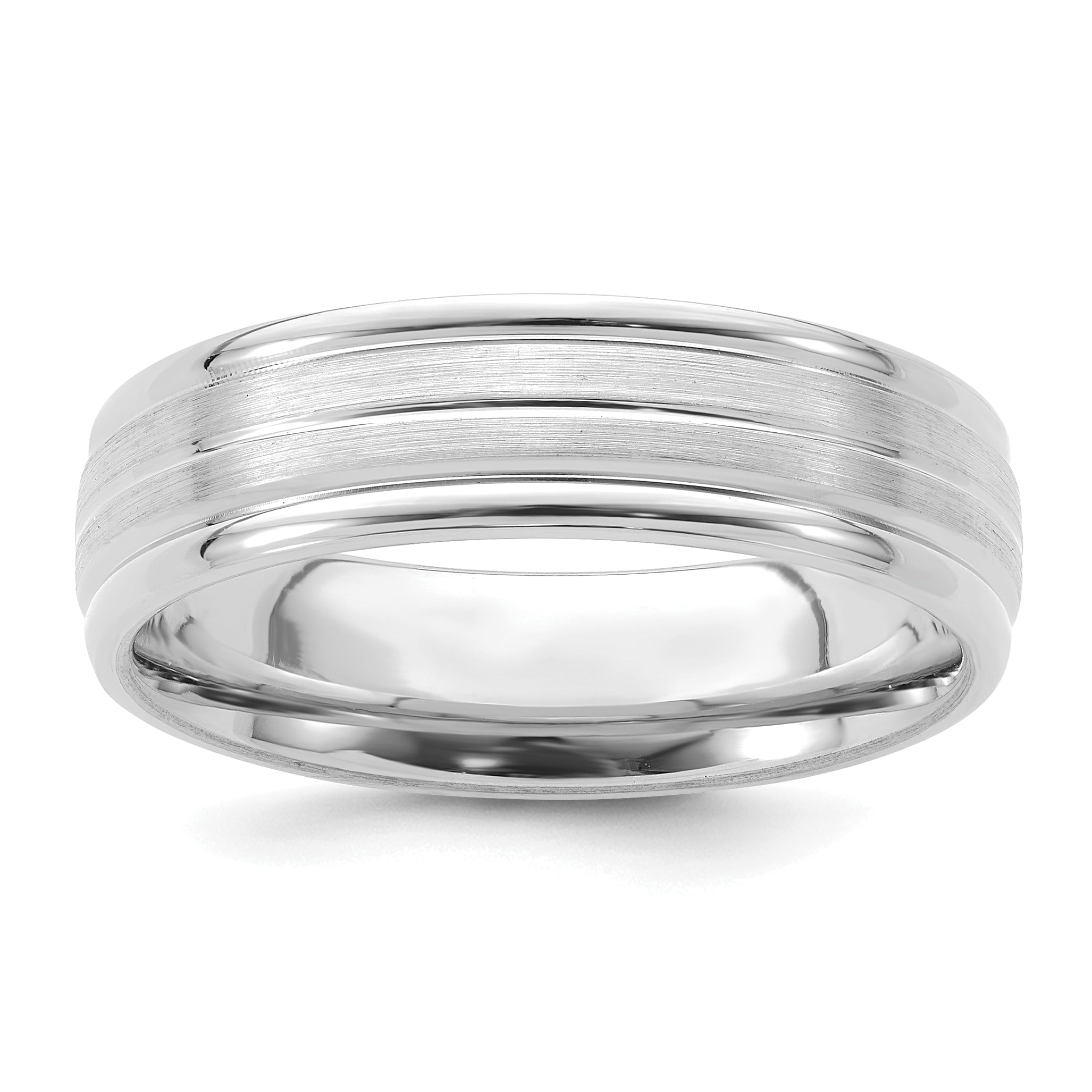 14K Weißgold 6 mm Ehering mit Standardgewicht, Komfort-Passform, satiniert gebürstet mit Mittellinie, Fancy-Design