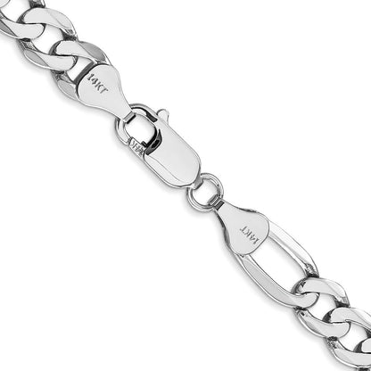 Massiv 14K Weißgold 7mm Flach Figaro mit Karabinerverschluss Halskette