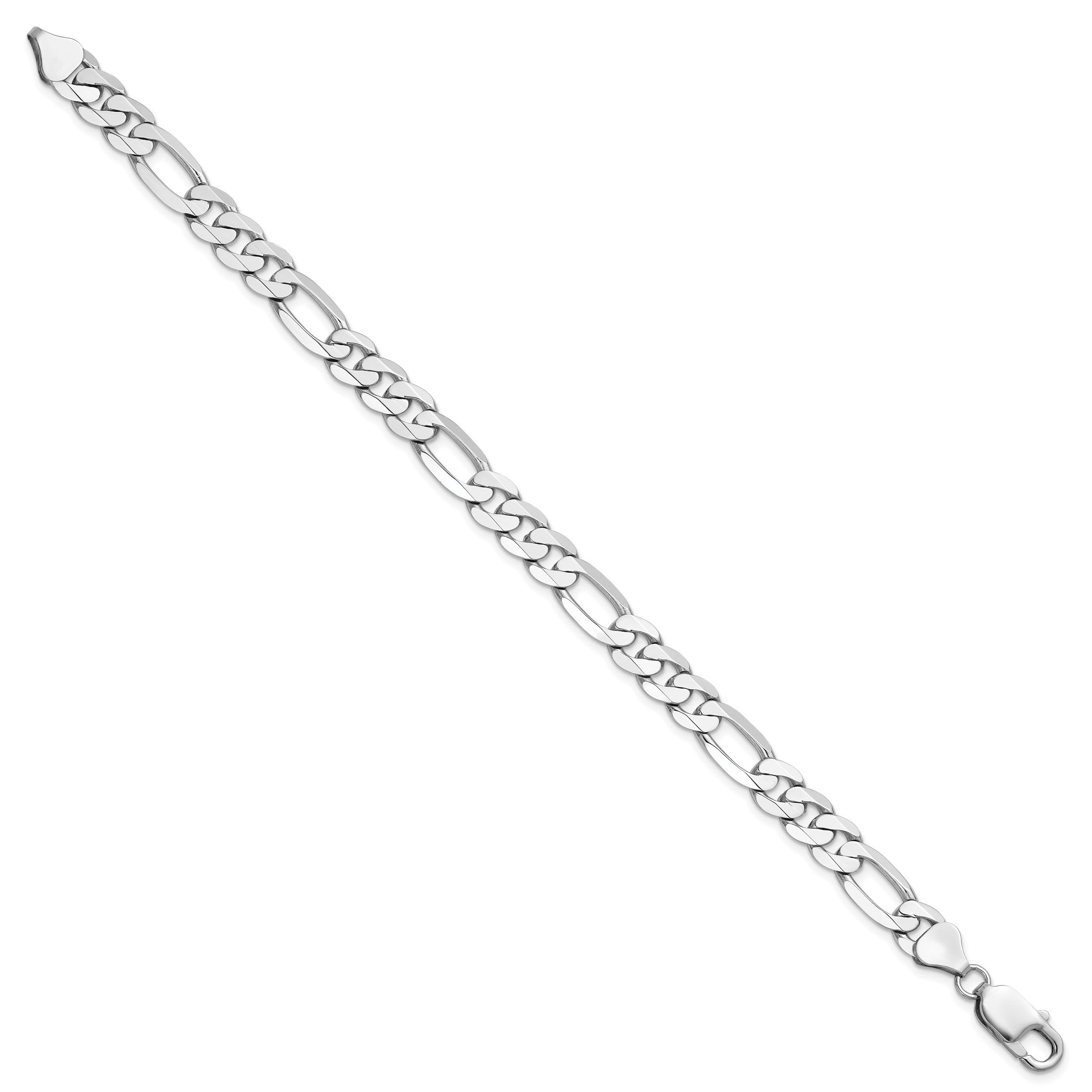 Massiv 14K Weißgold 7.5mm Flach Figaro mit Karabinerverschluss Gliederarmband