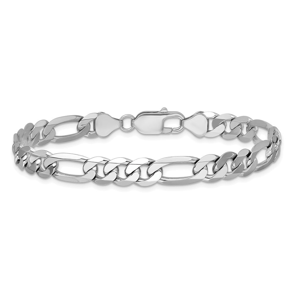 Massiv 14K Weißgold 7.5mm Flach Figaro mit Karabinerverschluss Gliederarmband
