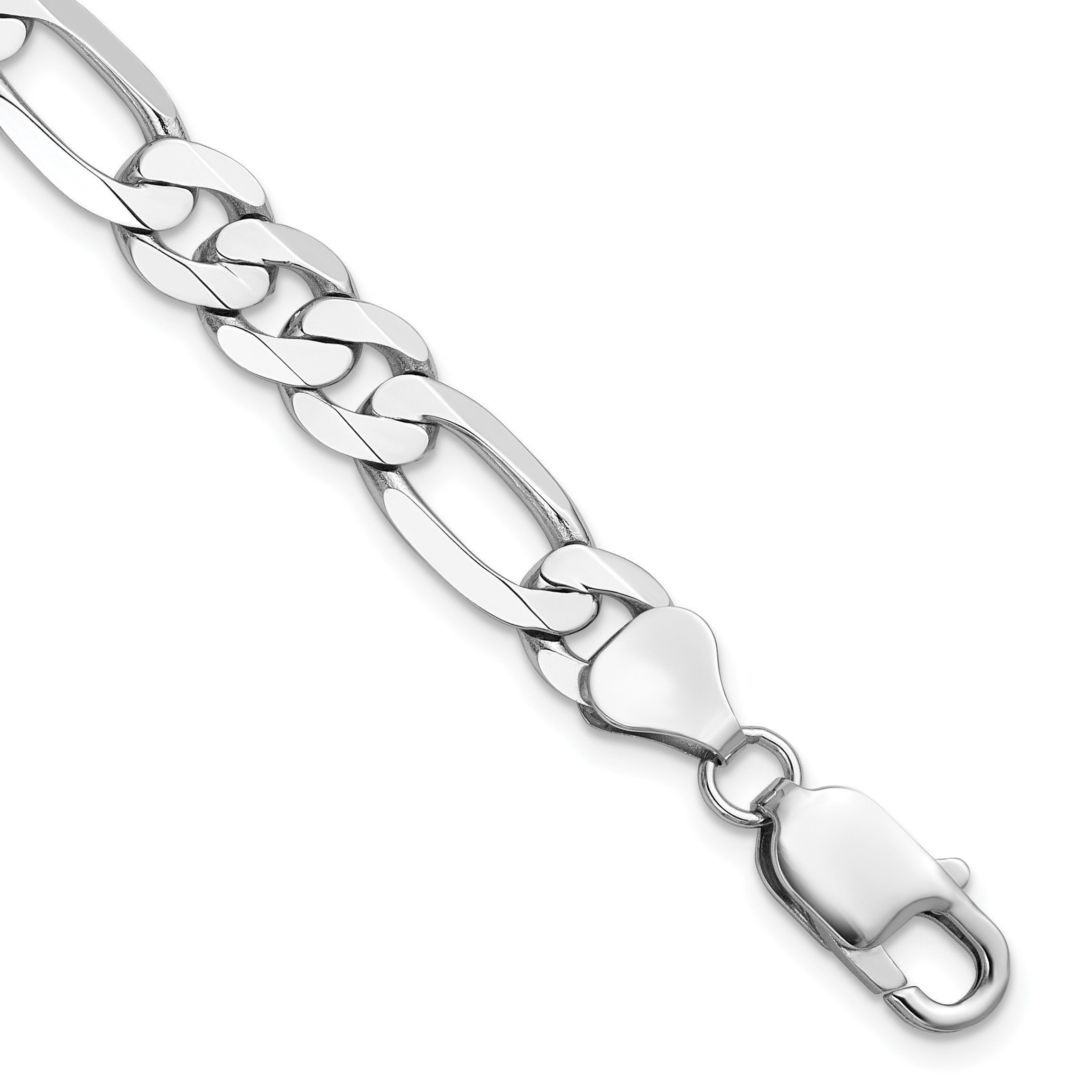 Massiv 14K Weißgold 7.5mm Flach Figaro mit Karabinerverschluss Gliederarmband