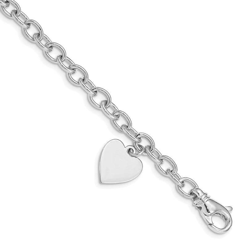 14K Weißgold Gravierbar 19x13mm Massiv Hängend Herz Charm und Poliert Glieder Armband