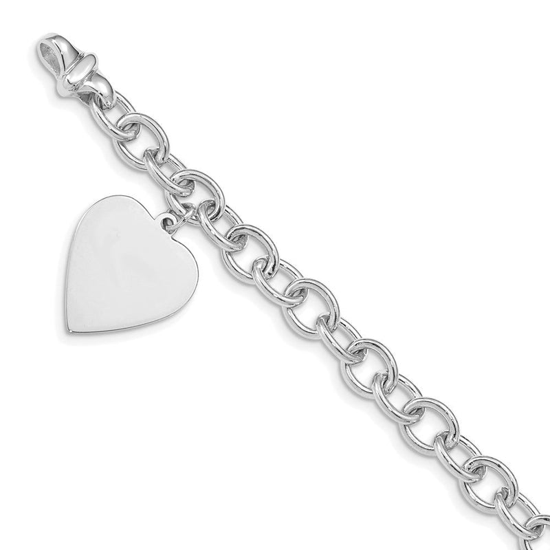 14K Weißgold Gravierbar 23x17mm Massiv Hängend Herz Charm und Poliert Glieder Armband