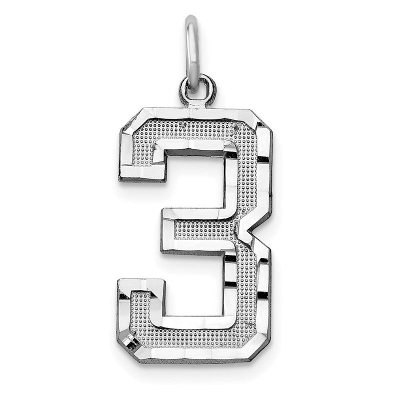 14K Weißgold großer gebürsteter Charm mit diamantgeschliffener Zahl 3