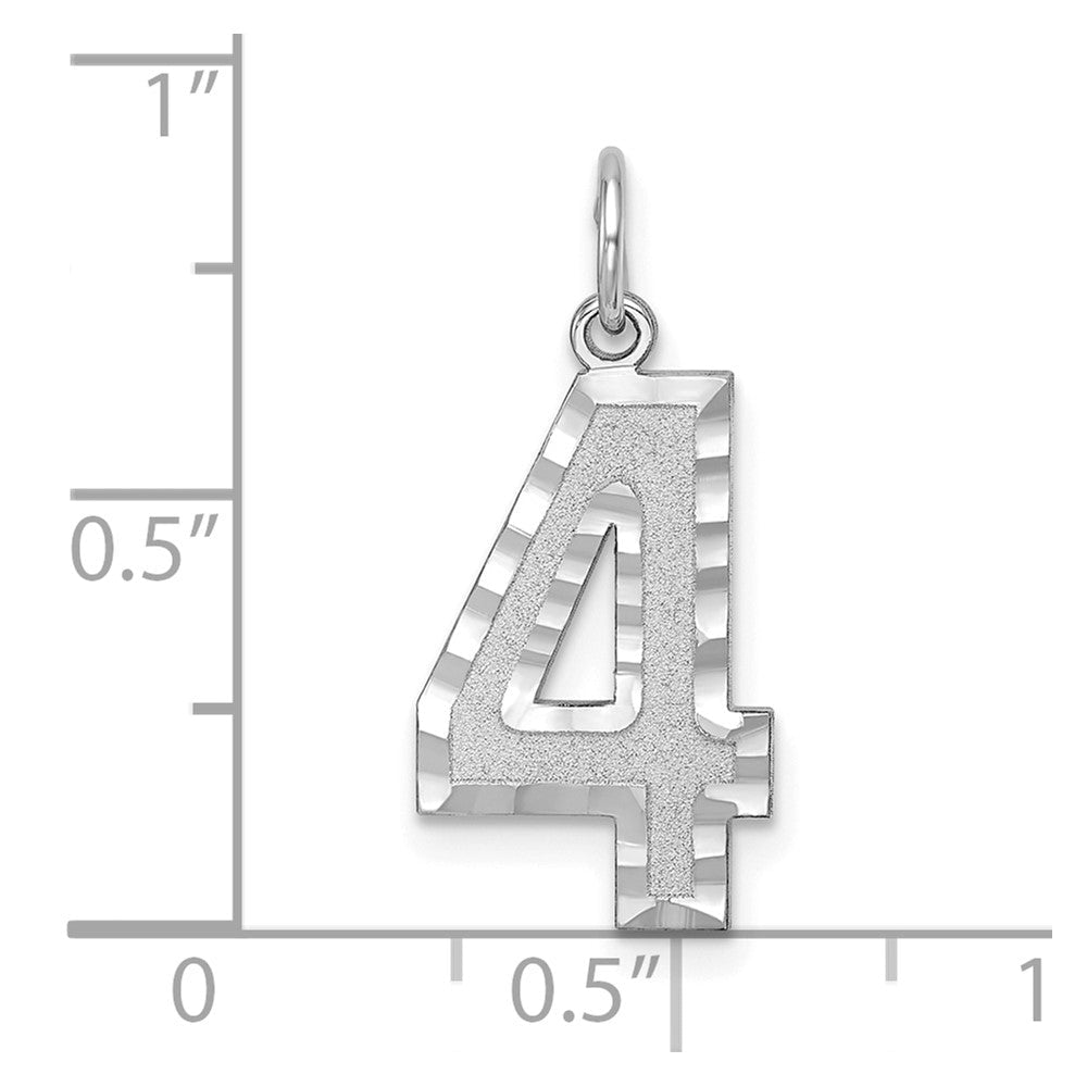14K Weißgold großer gebürsteter Charm mit Diamantschliff, Zahl 4