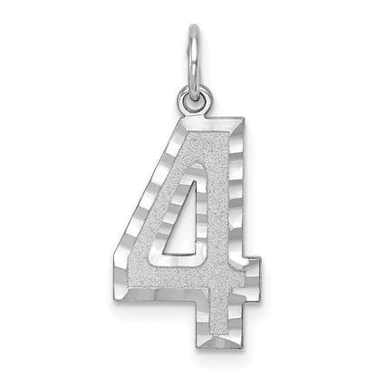 14K Weißgold großer gebürsteter Charm mit Diamantschliff, Zahl 4