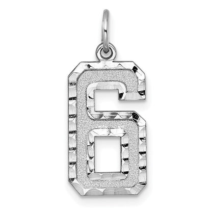 14k Weißgold Großer Gebürsteter Diamantgeschliffener Zahl-6-Charm