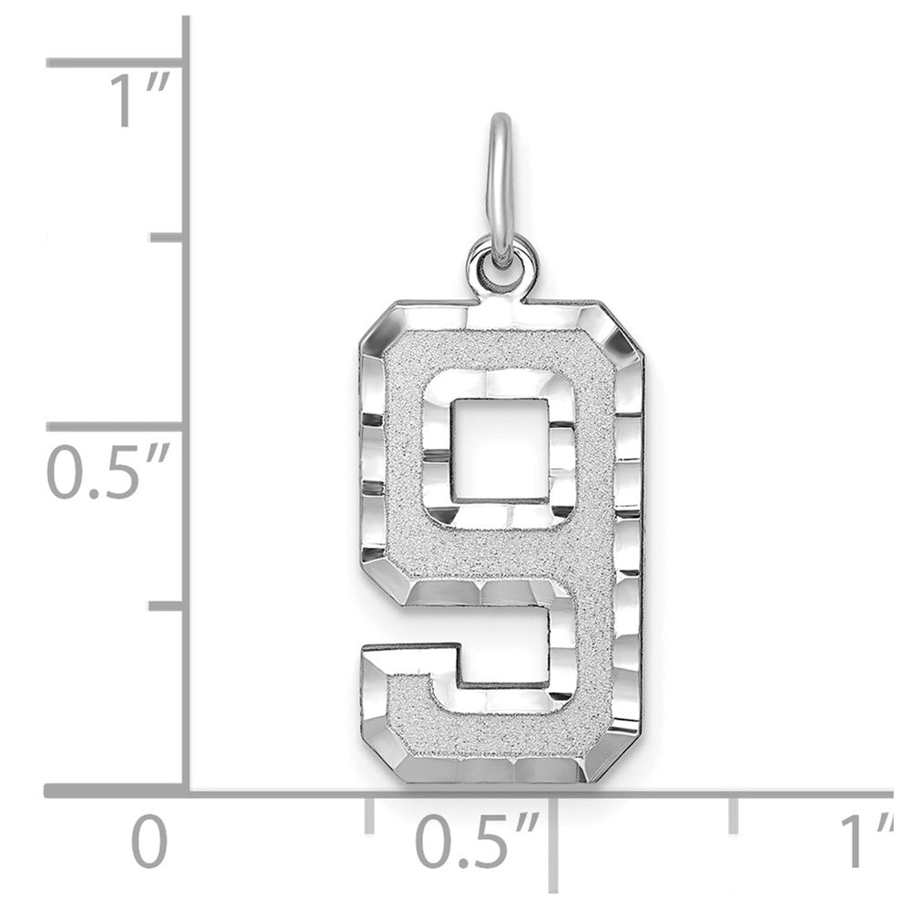 14K Weißgold Großer Gebürsteter Diamantgeschliffener Zahl-9-Charm