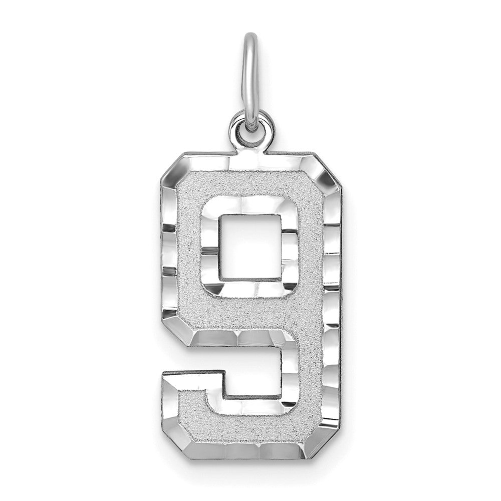 14K Weißgold Großer Gebürsteter Diamantgeschliffener Zahl-9-Charm