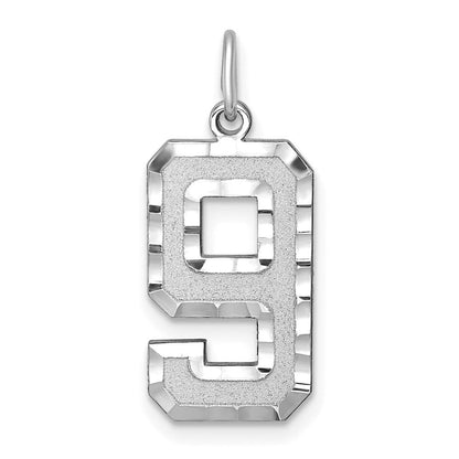 14K Weißgold Großer Gebürsteter Diamantgeschliffener Zahl-9-Charm
