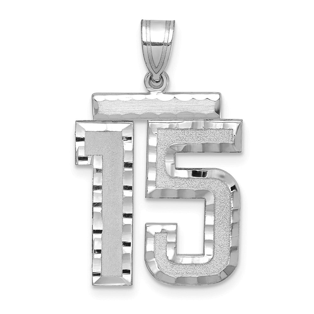 14K Weißgold Großer Gebürsteter Diamantgeschliffener Zahl-15-Charm