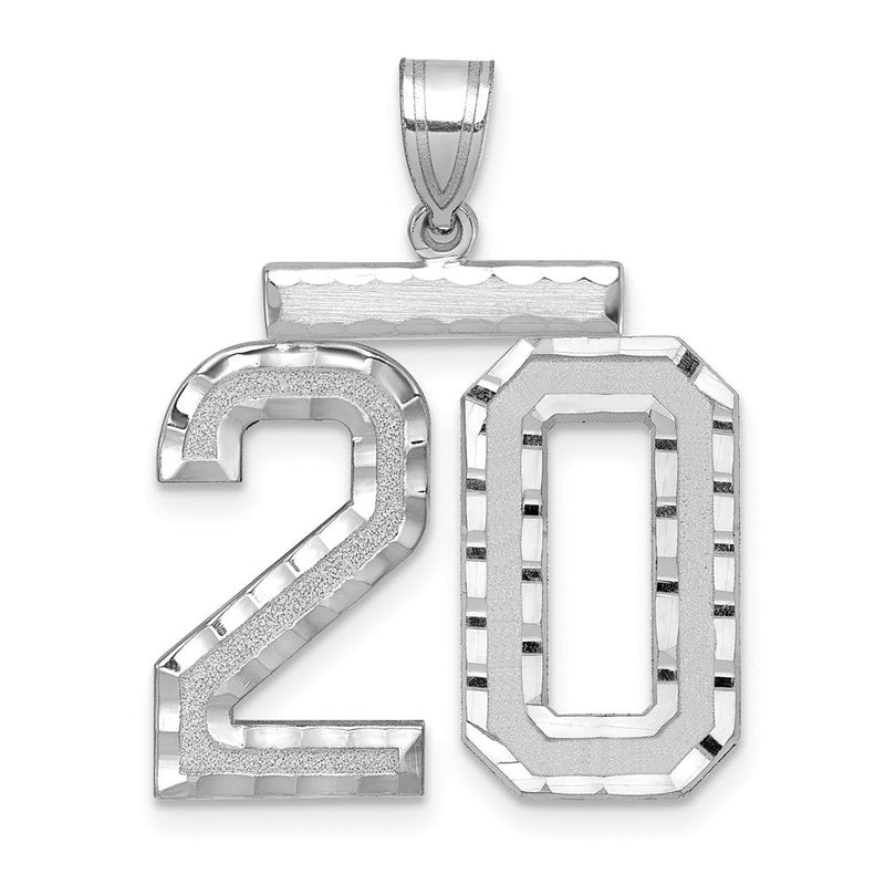 14k Weißgold großer gebürsteter Charm mit Diamantschliff „Zahl 20“