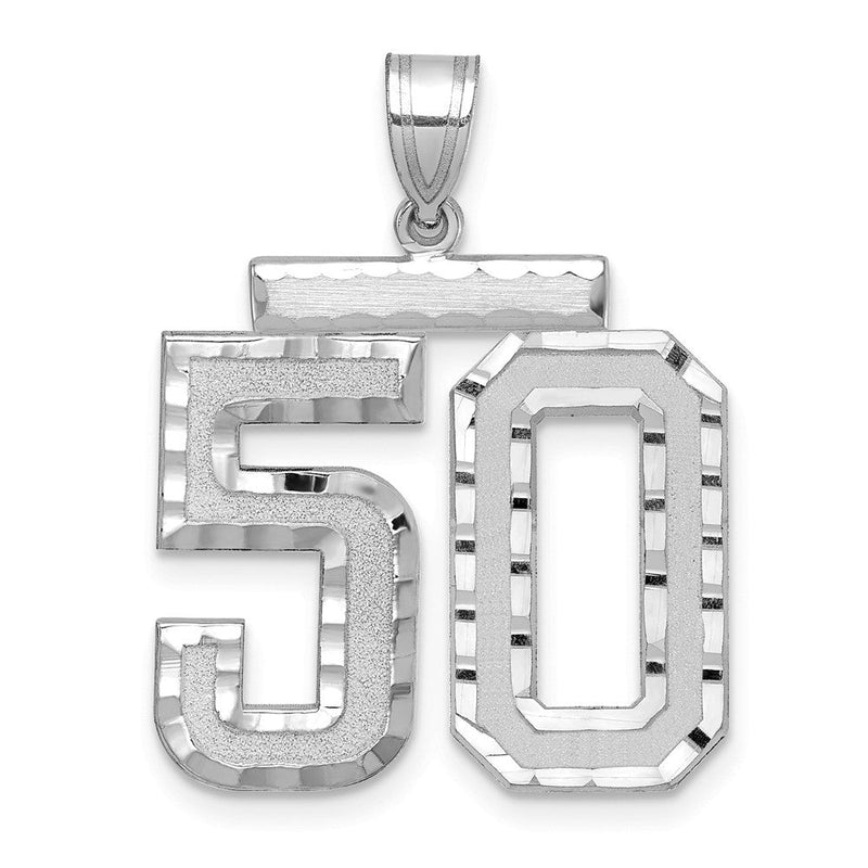 14K Weißgold großer gebürsteter Charm mit Diamantschliff "Zahl 50