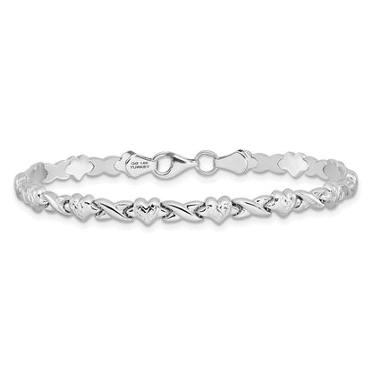 14K Weißgold Poliert Diamantiert X und Herz 7 Zoll Armband