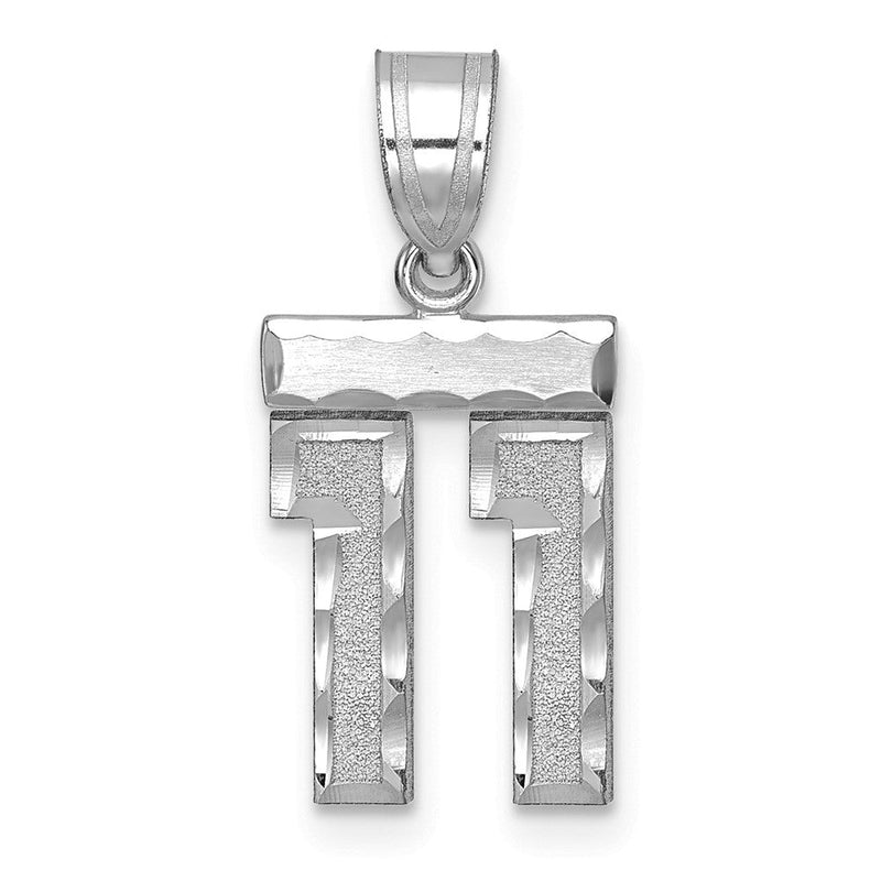 14K Weißgold kleiner gebürsteter Charm mit Diamantschliff „Zahl 11“