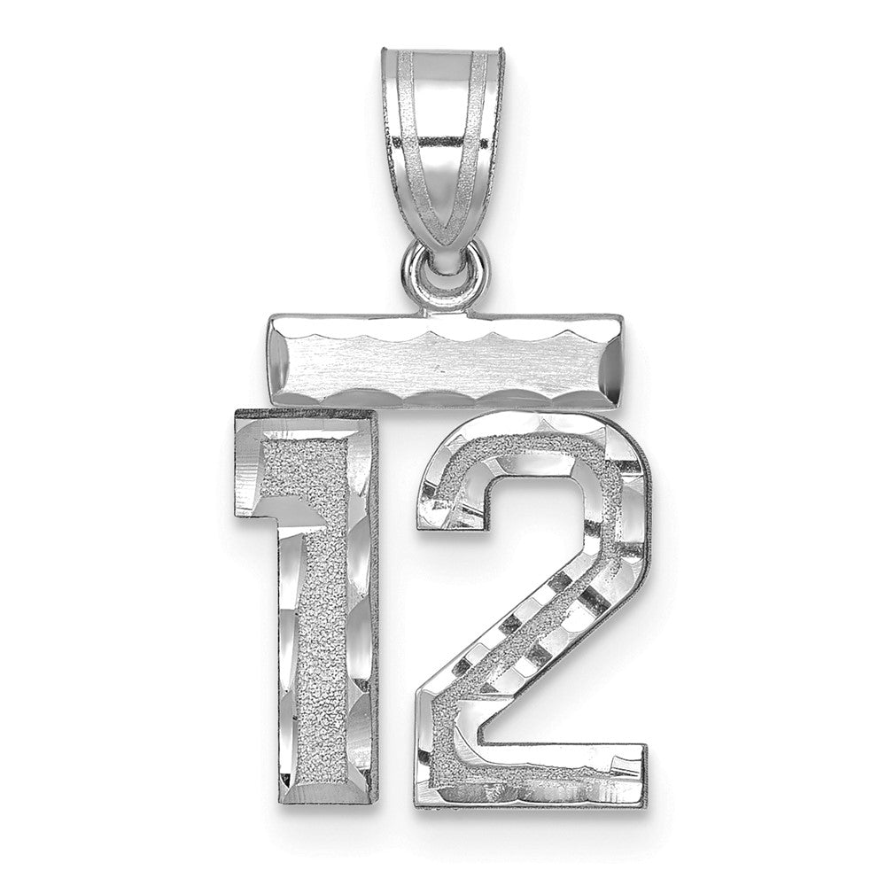 14K Weißgold kleiner gebürsteter Charm mit Diamantschliff „Zahl 12“