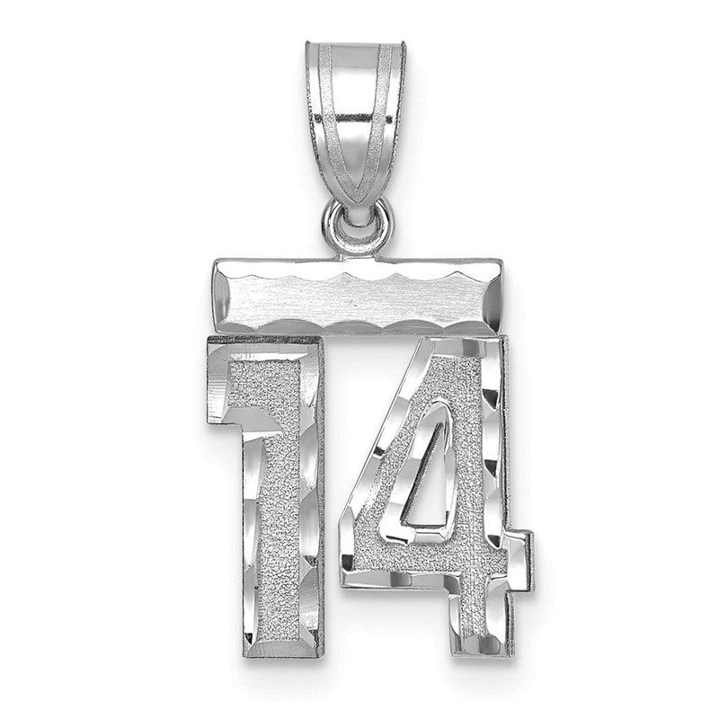 14K Weißgold kleiner gebürsteter Diamantschliff-Zahl-14-Charm