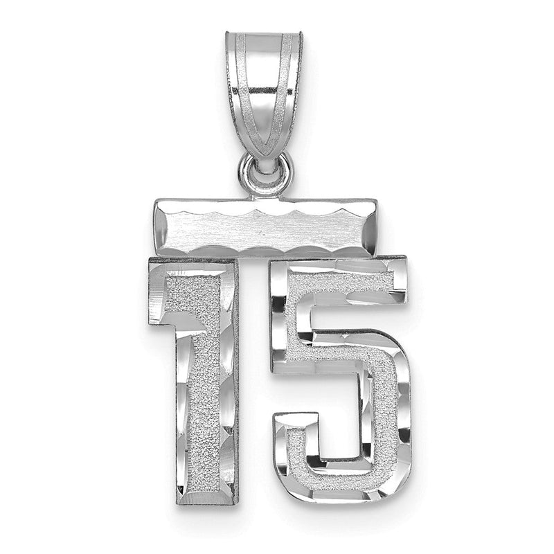 14K Weißgold kleiner gebürsteter Diamantschliff-Charm „Zahl 15“