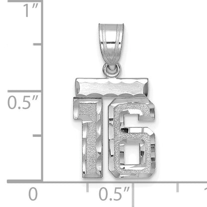14K Weißgold Kleiner Gebürsteter Diamantgeschliffener Zahl-16-Charm