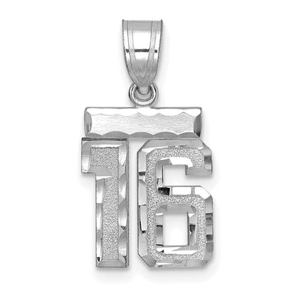 14K Weißgold Kleiner Gebürsteter Diamantgeschliffener Zahl-16-Charm