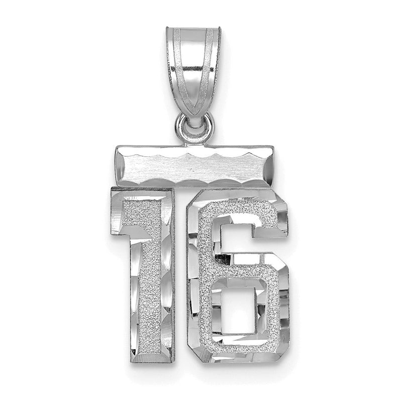 14K Weißgold Kleiner Gebürsteter Diamantgeschliffener Zahl-16-Charm