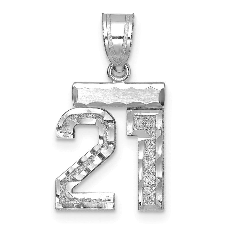 14k Weißgold kleiner gebürsteter Diamantschliff-Charm "Zahl 21