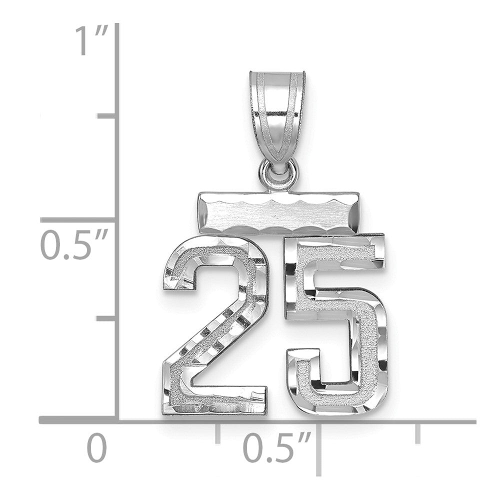 14K Weißgold kleiner gebürsteter Diamantschliff-Charm Zahl 25