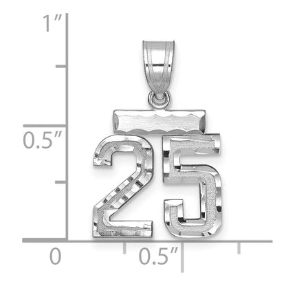 14K Weißgold kleiner gebürsteter Diamantschliff-Charm Zahl 25