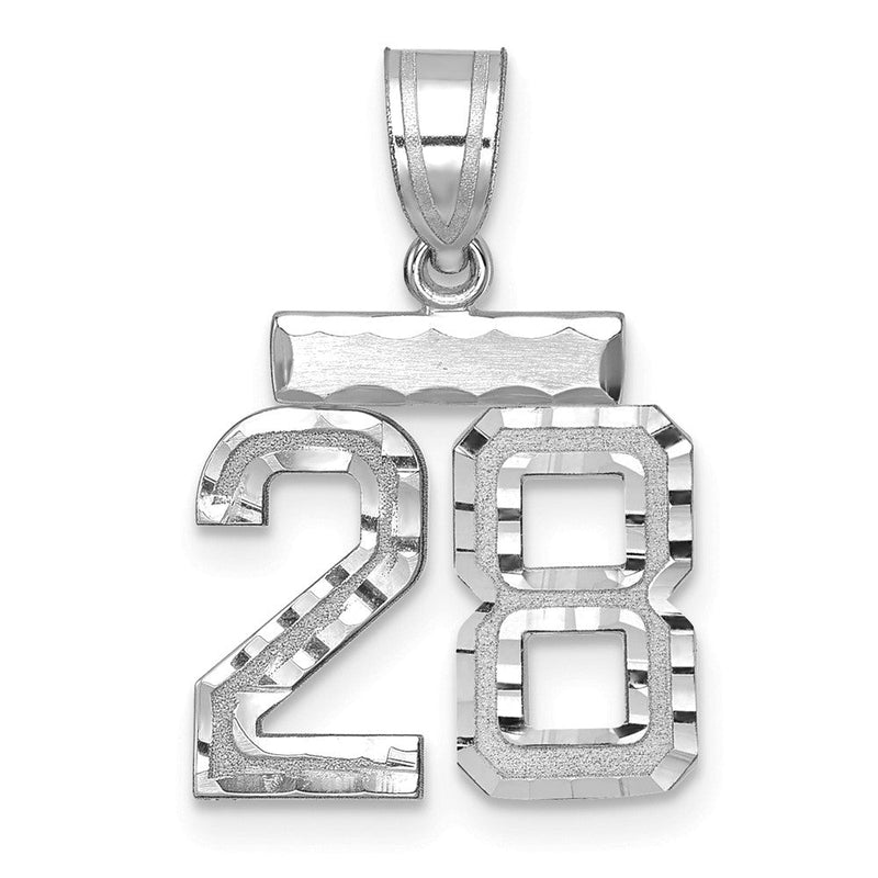 14K Weißgold kleiner gebürsteter Charm mit Diamantschliff, Zahl 28