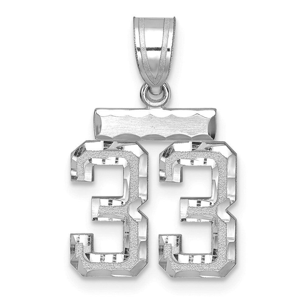 14K Weißgold kleiner gebürsteter Charm mit Diamantschliff „Zahl 33“