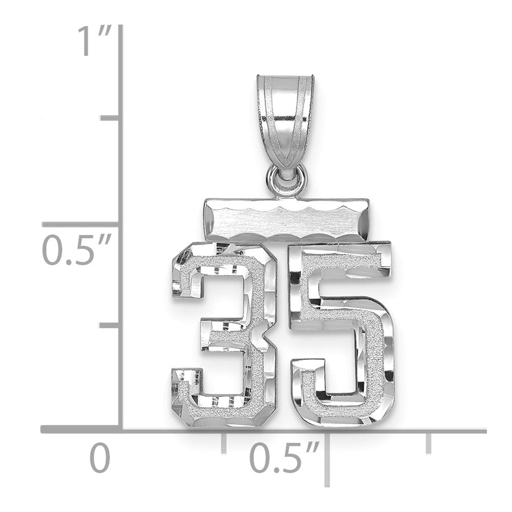 14K Weißgold kleiner gebürsteter Charm mit Diamantschliff „Zahl 35“