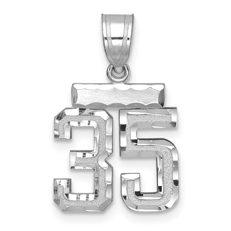 14K Weißgold kleiner gebürsteter Charm mit Diamantschliff „Zahl 35“