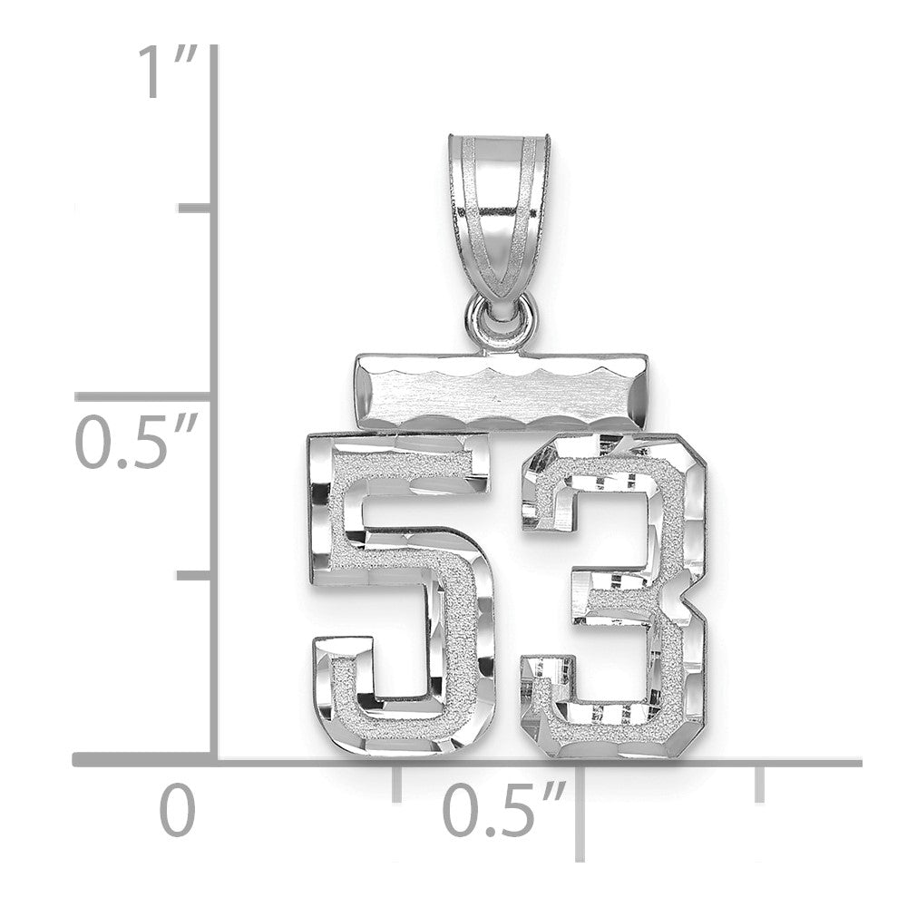 14K Weißgold kleiner gebürsteter Charm mit Diamantschliff „Zahl 53“