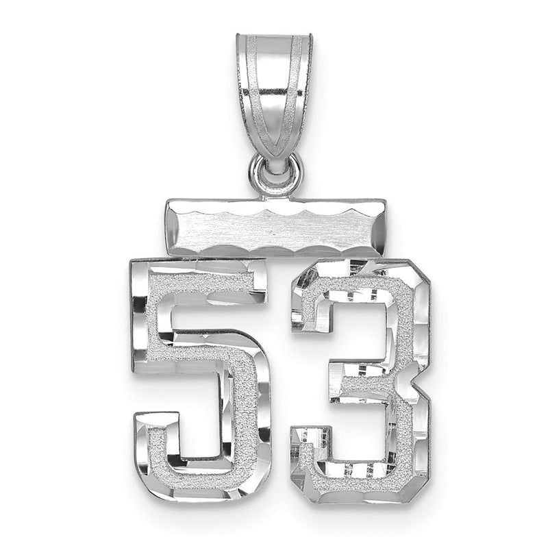 14K Weißgold kleiner gebürsteter Charm mit Diamantschliff „Zahl 53“