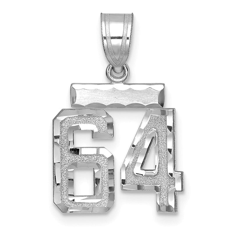 14K Weißgold kleiner gebürsteter Charm mit Diamantschliff „Zahl 64“