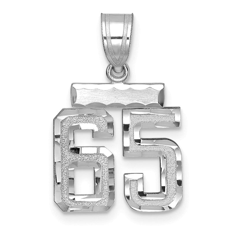 14K Weißgold kleiner gebürsteter diamantgeschliffener Charm „Zahl 65“
