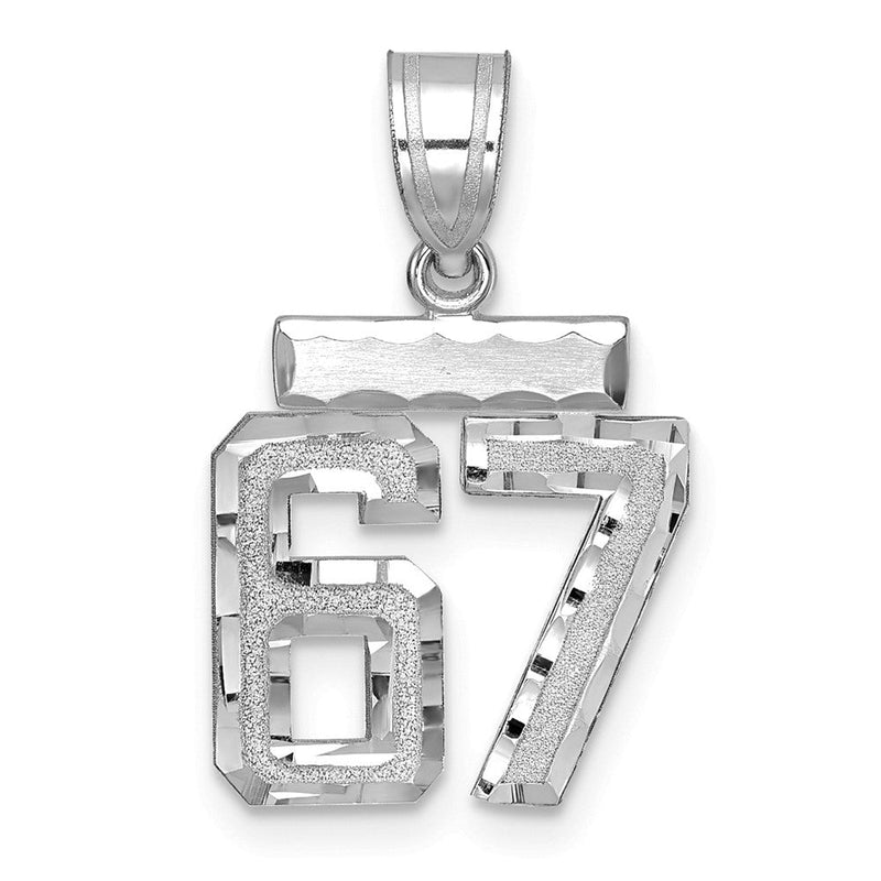 14K Weißgold Kleiner Gebürsteter Diamantgeschliffener Charm „Zahl 67“