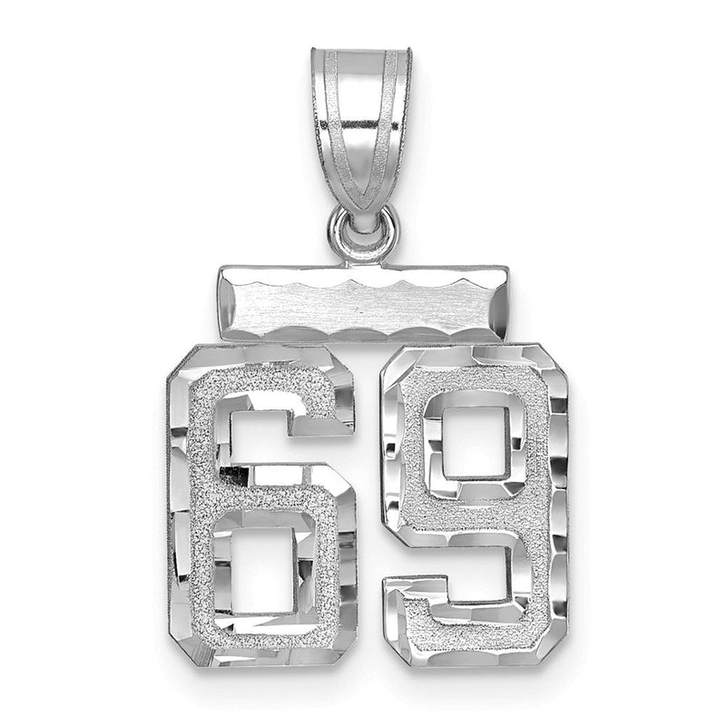 Kleiner gebürsteter diamantgeschliffener Zahl-69-Charm aus 14K Weißgold