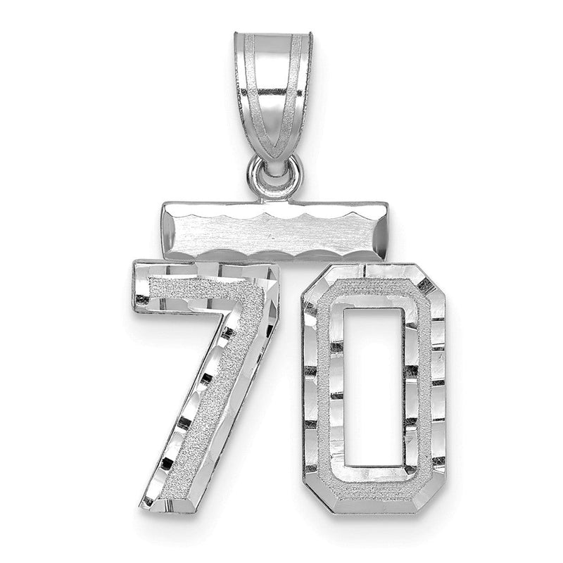14K Weißgold kleiner gebürsteter Charm mit Diamantschliff, Zahl 70