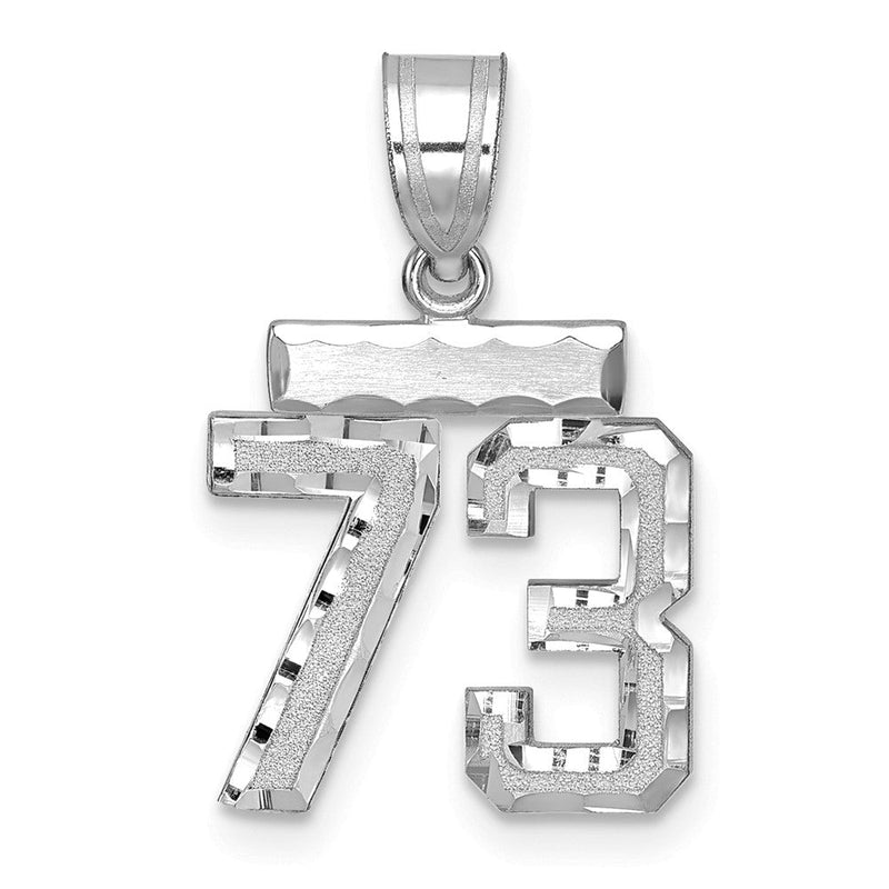 14K Weißgold kleiner gebürsteter Charm mit Diamantschliff „Zahl 73“